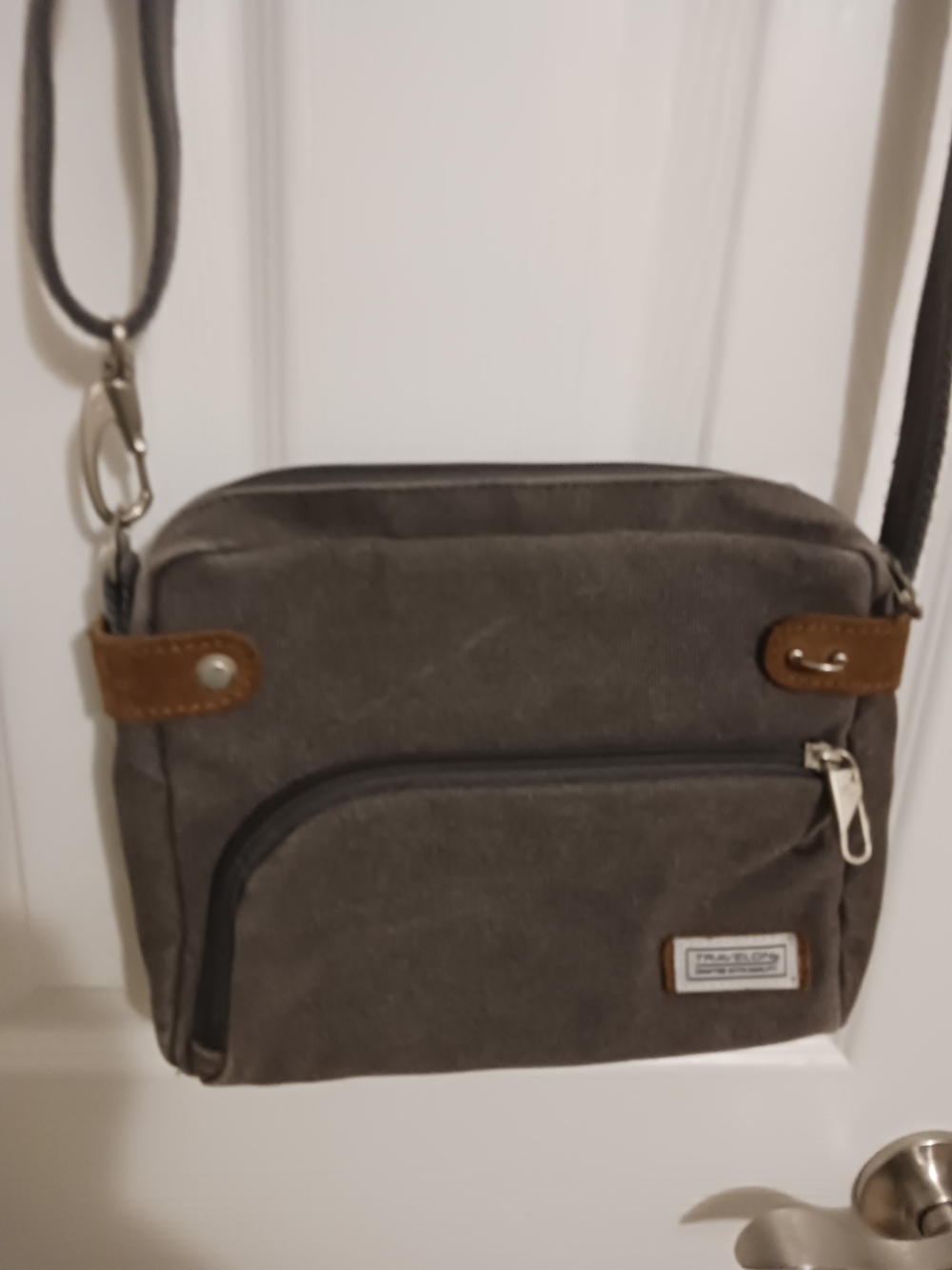 Travelon Compact Crossbody Bag - Gray with Brown Accents Pockets
